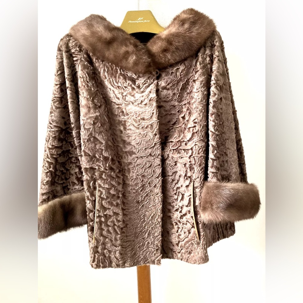 FLEMINGTON FURS BROWN PERSIAN CURLY LAMB MINK COLLAR FUR BLAZER JACKET L-XL